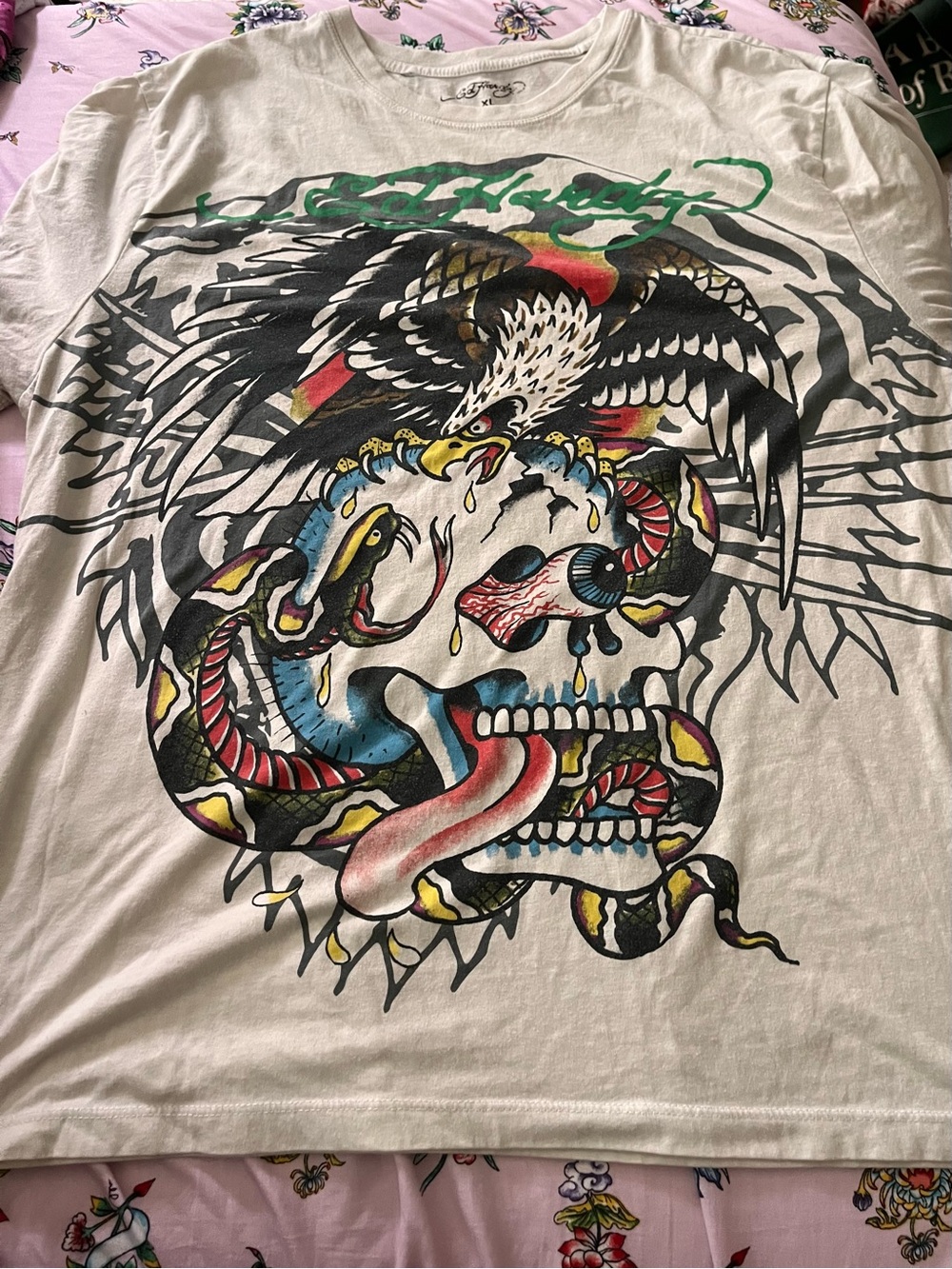 Ed Hardy White Tee with Skull, Eagle & Snake Graphic